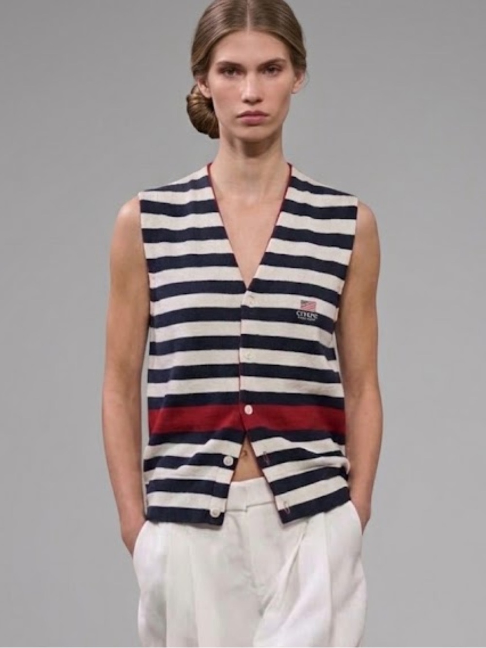 Vtg 90s Chaps Ralph Lauren M nautical navy Striped Sleeveless Knit polo Vest